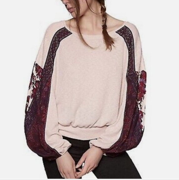 NWT New Free People Casual Clash Thermal Top With Contrasting Balloon Sleeves XS - Picture 1 of 8
